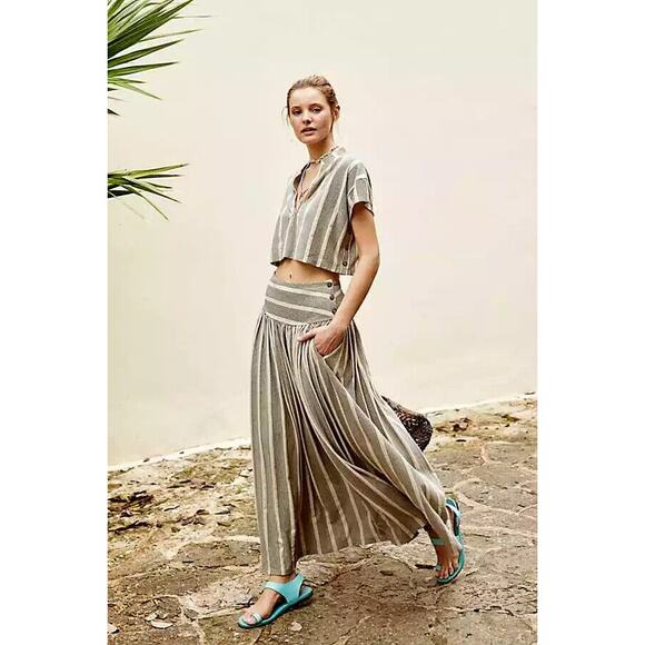 P Beach Women's Beige Black Striped Top Maxi Skirt Two Piece Set Sundress Large